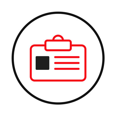 A minimalistic icon displays a corporate identity badge, symbolized by a rounded rectangle with a clip and a space for a photo. Its clean, modern design represents authorization and identification,のイラスト素材