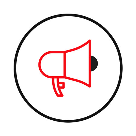 A simple, flat vector icon showing a red outline megaphone inside a black circle. The icon design represents communication, announcements, and broadcasting. Suitable for marketing, advertising, orのイラスト素材