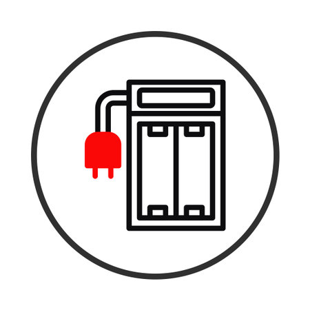 A simple illustration of a battery charger enclosed within a circle, it signifies electrical energy transfer to a battery, using a black and red color scheme, this graphic encapsulates technology,のイラスト素材