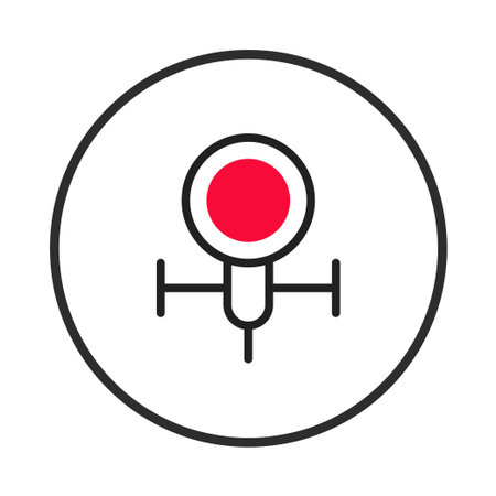 A simple illustration showing a modern abstract futuristic device. It features a red circle, simple lines and geometric shapes, presented within a circular outline. Its minimalist design embodies aのイラスト素材