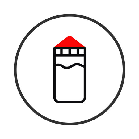 An abstract and modern illustration features a stylized depiction of a liquid container or storage unit. A red roof tops the container, framed within a clean, circular border, creating a bold,のイラスト素材