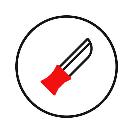 A minimalist vector illustration featuring a knife icon set within a black circular frame. The knife has a distinctive red handle and a silver blade, emphasizing its sharp and simple design. Thisのイラスト素材