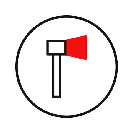 This image features a stylized graphic illustration of a red axe, presented within a crisp circular frame, set against a clean white backdrop. The icon symbolizes woodworking, lumberjacks, and theのイラスト素材