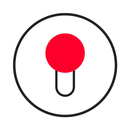 Striking marker icon features a bold red circular head connected to a slender black base, elegantly encased within a black outlined circle. Represents location, direction, and navigation within theのイラスト素材