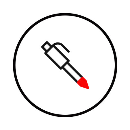 A minimalist icon featuring a pen inside a black circle on a white background. The pen design is simple, using black lines with a red point, implying creativity and communication. Suitable forのイラスト素材