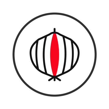 An artistic illustration displays a stylized onion outlined in black with a bold red vertical stripe in the center. The vegetable is enclosed within a circular frame on a white background offering aのイラスト素材