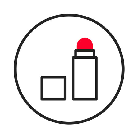 Minimalist vector illustration of a lipstick icon. The design features clean lines and simple geometric shapes showcasing the product packaging, with a red color accentuating the tip, against aのイラスト素材
