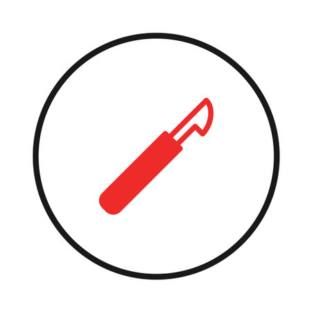 A minimalist illustration presents a red scalpel encased in a circle, symbolizing precision, surgical procedures, and medical interventions. The clean lines and vivid color create a representationのイラスト素材