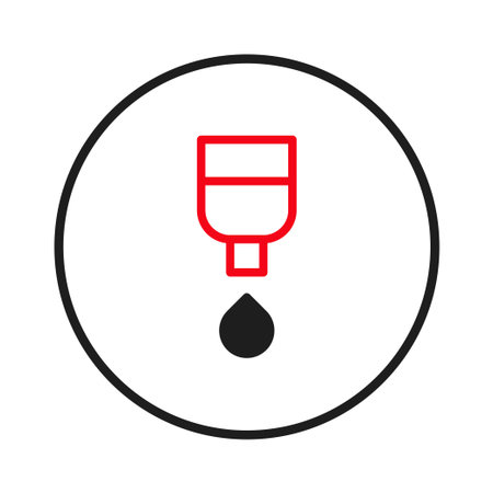 Minimalist graphic representation illustrating fluid dispensing. The red outlined container appears above a suspended black droplet, framed by a black circle. The clean design is suitable forのイラスト素材