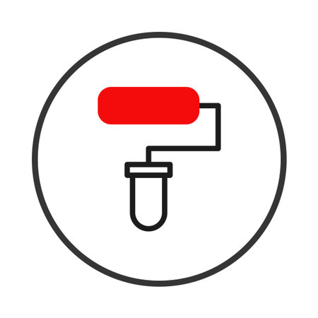 A strikingly simple graphic showcases a painter's roller using clean lines and a bold contrast between red and black. The circular frame enhances the modern aesthetic, making it ideal for design orのイラスト素材