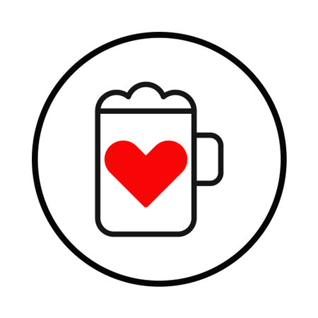 This image portrays a mug, marked with a vibrant red heart, presented within a circular frame. It's a symbolic graphic, celebrating love and beverages through a minimalist outline, offering a uniqueのイラスト素材