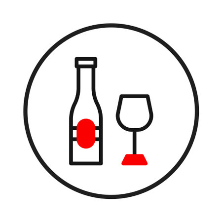 A clean and simple icon depicting a wine bottle and glass inside a circle. It conveys concepts related to celebrations, dining, and tasteful enjoyment, suitable for designs aimed at representingのイラスト素材