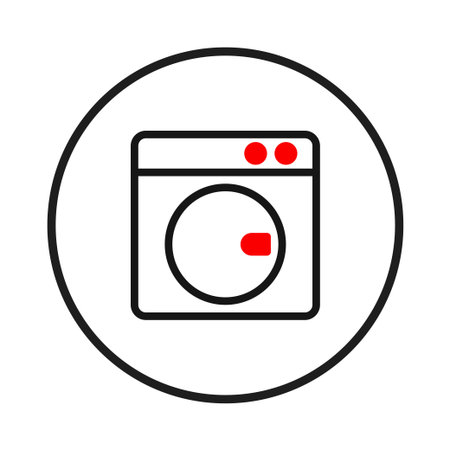 An icon illustrating a front-loading washing machine inside a circle. The design emphasizes a modern, minimalist style. This isolated graphic represents home appliance usage, laundry, and routineのイラスト素材