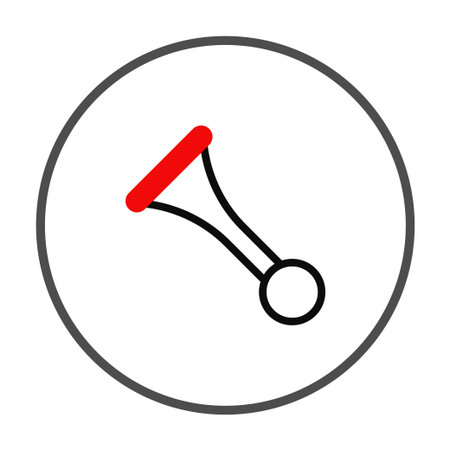 The image features a minimalist design of a red trumpet icon, elegantly outlined with a gray ring, set against a clean white background, symbolizes musical creativity. This design merges artisticのイラスト素材