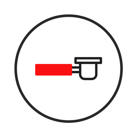 A minimalist illustration showcases a coffee portafilter in black outline with a bold red handle, set against a crisp white backdrop. The design is encapsulated within a sleek black circle,のイラスト素材