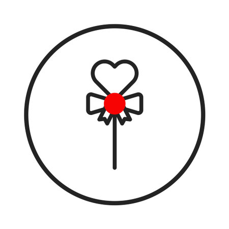 A minimalist graphic design illustrates a heart-shaped lollipop with a ribbon bow, set within a circular frame. Symbolizing feelings, fondness, or special celebratory events, its clean outline givesのイラスト素材