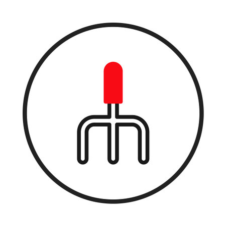 A minimalist vector illustration features a red and black fork design. Encased in a black circle, the clean, modern emblem evokes gardening, farming, or agricultural concepts. This simple graphic isのイラスト素材