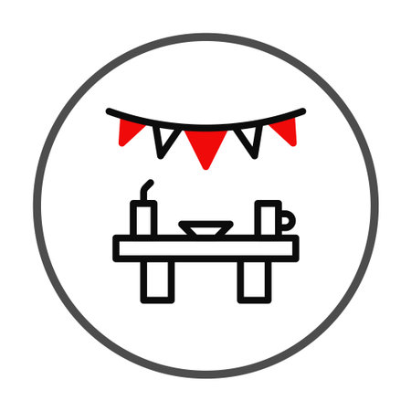 A simple black line art illustration featuring a picnic table set with dishes and drinks, adorned with a string of red pennant flags. The clean design evokes feelings of outdoor celebrations andのイラスト素材