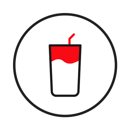 A minimalist illustration presents a glass filled with a red beverage, a straw rising from it, all encased within a clean black circle. The artwork utilizes a restrained color palette andのイラスト素材