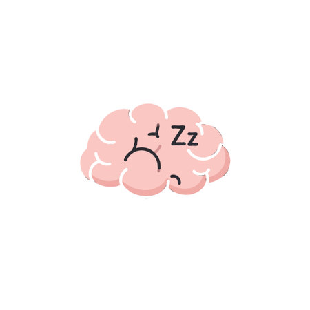 An illustration shows a pink cerebrum, depicted as being sleepy and tired. The representation underscores the necessity for mental rest and renewal. It evokes a sense of needing calmness and theのイラスト素材