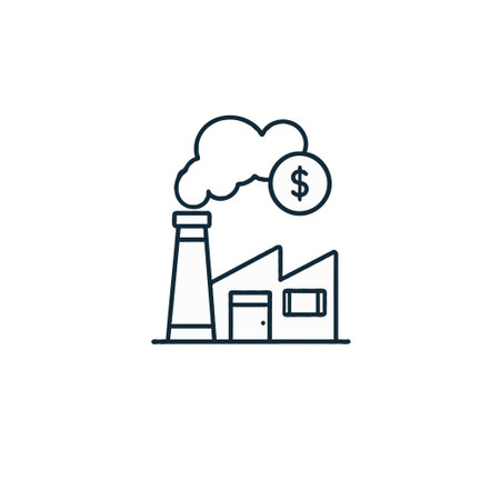 An illustration conveying the economic implications of industrial manufacturing, showing a factory with smoke emissions accompanied by a dollar sign, symbolizing the financial costs associated withのイラスト素材