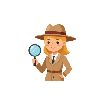 A cartoon illustration features a female detective character holding a magnifying glass. She is dressed in a classic detective's coat and hat, suggesting she is in the midst of an investigation. Theのイラスト素材
