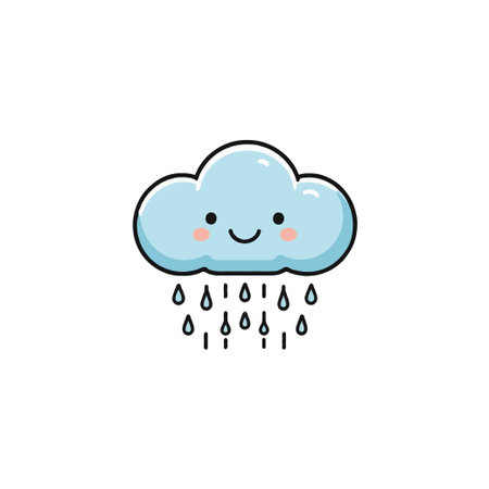 A whimsical illustration depicts a cute, cartoon cloud with a friendly smile, gently raining down droplets. The design is simple yet endearing, evoking a sense of happiness and calm in a rainy dayのイラスト素材