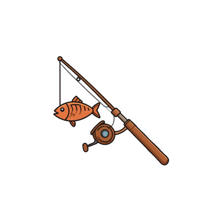 Charming cartoon illustration of a fishing rod with a caught orange fish, ideal for designs related to fishing, recreation, and outdoor activities. This simple, playful graphic is perfect for addingのイラスト素材