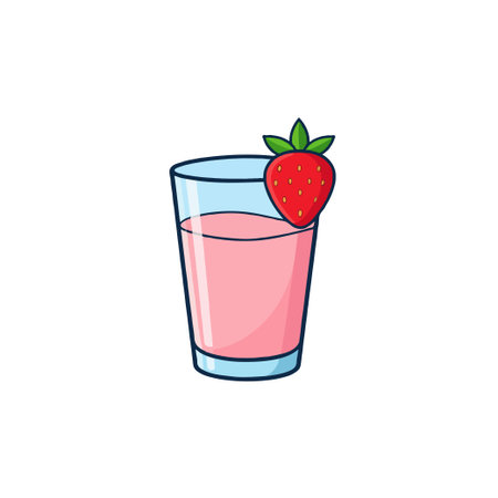 A delightful, cartoon-style image portrays a glass filled with a strawberry-flavored pink drink. A fresh strawberry adorns the rim of the glass. The drink appears refreshing and tempting, perfectのイラスト素材