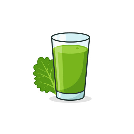 A vibrant illustration features a glass filled with a nutritious green smoothie, accompanied by a fresh leafy vegetable. Representing a healthy and refreshing beverage option, highlighting theのイラスト素材