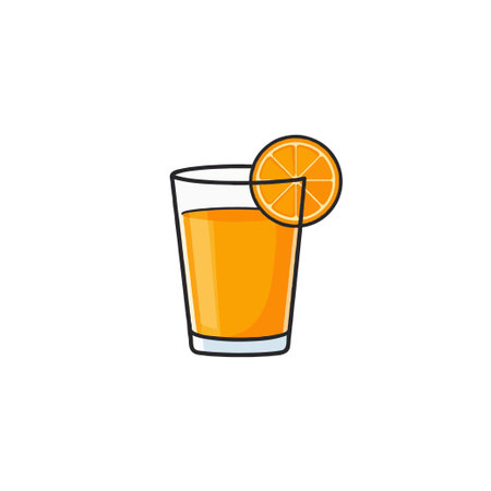 A cartoon style illustration of a glass filled with vibrant orange juice and an orange slice on the rim. A simple yet appealing visual, perfect for conveying freshness, health, and a tropical summerのイラスト素材
