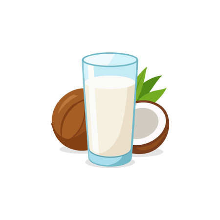 A vibrant illustration of a glass filled with coconut milk accompanied by a whole coconut and a halved one. The image emphasizes healthy refreshment, natural ingredients, and the benefits ofのイラスト素材