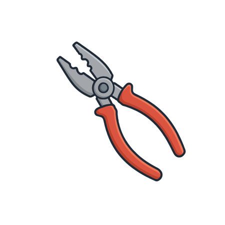 A cleanly illustrated image shows a pair of red handled pliers. This tool symbolizes mechanical work, construction, repair tasks, and diverse applications in industrial settings. Its design evokesのイラスト素材