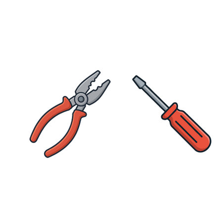 A simple vector illustration showcases a pair of pliers and a screwdriver. The tools, rendered in a cartoon style, are isolated against a clean white backdrop, perfect for graphics on construction,のイラスト素材