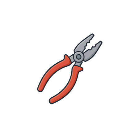 Detailed line art of pliers isolated on white, featuring a distinctive red handle and grey head, symbolizing precision tools for workshop, repair, or handyman services and suitable for illustratingのイラスト素材