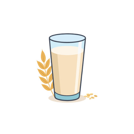 A minimalist illustration of an oat-based beverage in a glass, accentuated by a sprig of grain. The image evokes a sense of health and natural purity, suitable for promoting plant-basedのイラスト素材