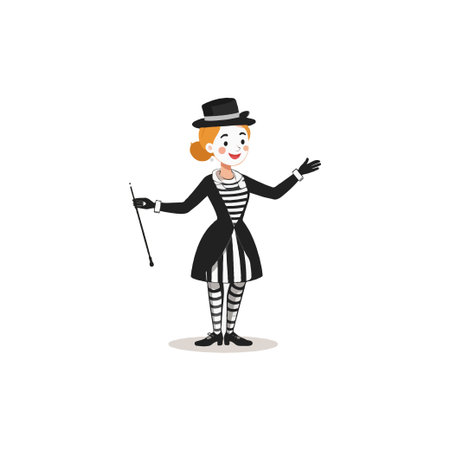 A vibrant illustration portrays a female mime artist, captivating viewers with her expressive gestures. Dressed in a classic black and white striped costume, she embodies the artistry of silentのイラスト素材