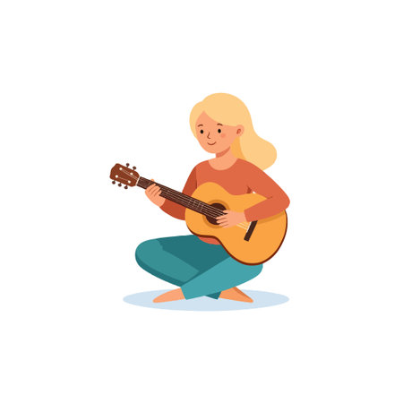 Illustration of a blonde woman sitting comfortably and serenading a tune on an acoustic guitar. The scene captures the essence of a peaceful moment, where music becomes a source of personalのイラスト素材