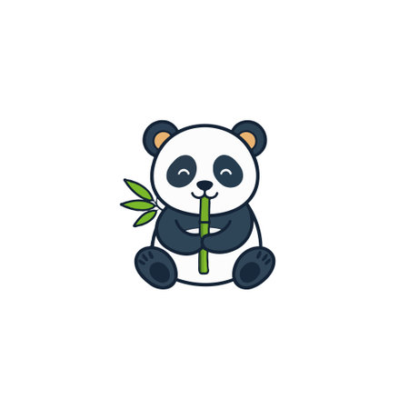 A delightful cartoon illustration features a cute panda bear happily munching on a stalk of bamboo. The simplified, graphic style and clean lines evoke a sense of playful charm and make it perfectlyのイラスト素材
