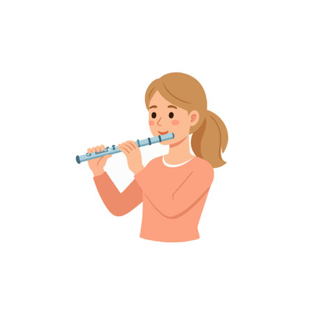 This charming illustration shows a young woman engrossed in playing the flute. Representing artistic expression and musical pursuit, the illustration evokes the dedication, practice, and the sereneのイラスト素材