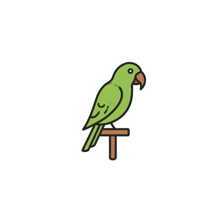 A charming cartoon illustration depicts a vibrant green parrot perched on a small wooden stand. The...