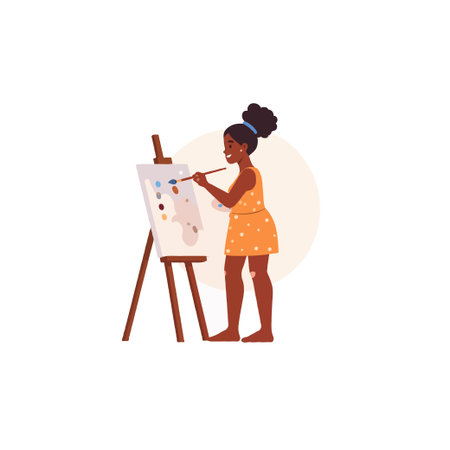 A young woman stands before an easel, paintbrush in hand, lost in the creative process of painting on canvas. She exudes passion and focus as she brings her artistic vision to life, addingのイラスト素材