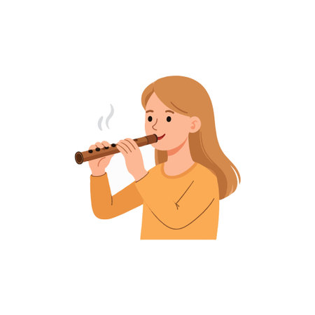 A young woman with light brown hair is playing a wooden flute with passion, a simple yet enchanting scene. Depicted against a plain white background, focus remains on her concentration and creativeのイラスト素材