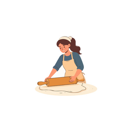 A woman rolls out dough on a countertop preparing pastries for baking. She is wearing an apron and seems focused on making delicious treats, enjoying the traditional baking process. The illustrationのイラスト素材
