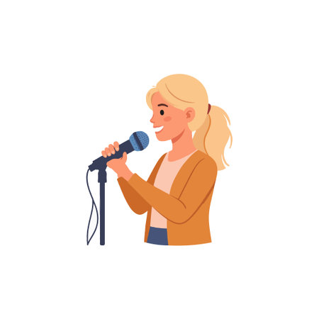 A vibrant illustration portrays a blonde woman immersed in the act of singing with a microphone. She appears confident and engaged, possibly delivering a speech, presentation or performing in frontのイラスト素材
