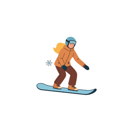 A cheerful snowboarder wearing safety helmet is riding down a gentle slope in snow. It's a winter recreational activity. She is enjoying the freedom of riding downhill, feeling the frosty wind onのイラスト素材