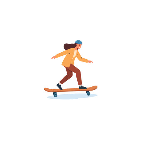 A young woman effortlessly gliding on a skateboard showcases the blend of balance and skill and the dynamism of modern urban life. This image captures the spirit of carefree recreation and the joyのイラスト素材