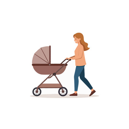 A digital illustration shows a mother walking while pushing a baby in a stroller or pram. The artwork focuses on the mother and child's nurturing bond and the daily routine of early parenthood, doneのイラスト素材
