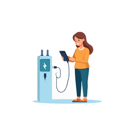 A modern stylized illustration shows a woman interacting with a public energy station to charge her mobile phone. This artwork emphasizes themes of connectivity, technological progress, andのイラスト素材