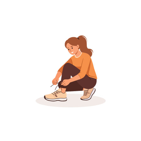 A young woman tying her shoelace, ready to start her morning run.  She is focused and determined, embodying a healthy and active lifestyle promoting fitness and wellbeing. This illustrationのイラスト素材